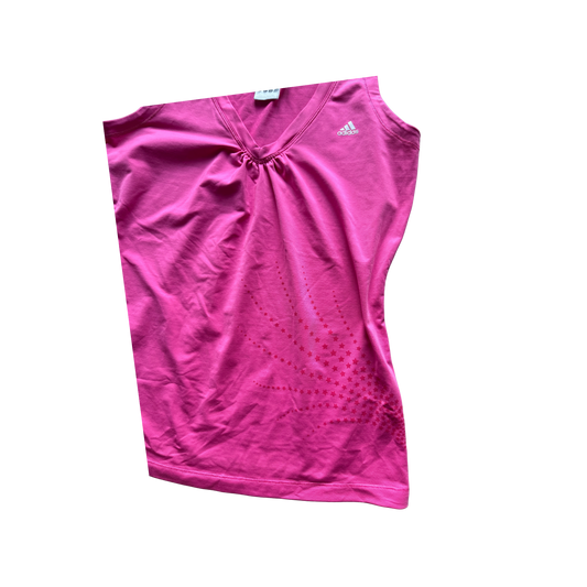 VINTAGE ADIDAS PINK V-NECK TOP WITH SIDE PRINT DETAIL