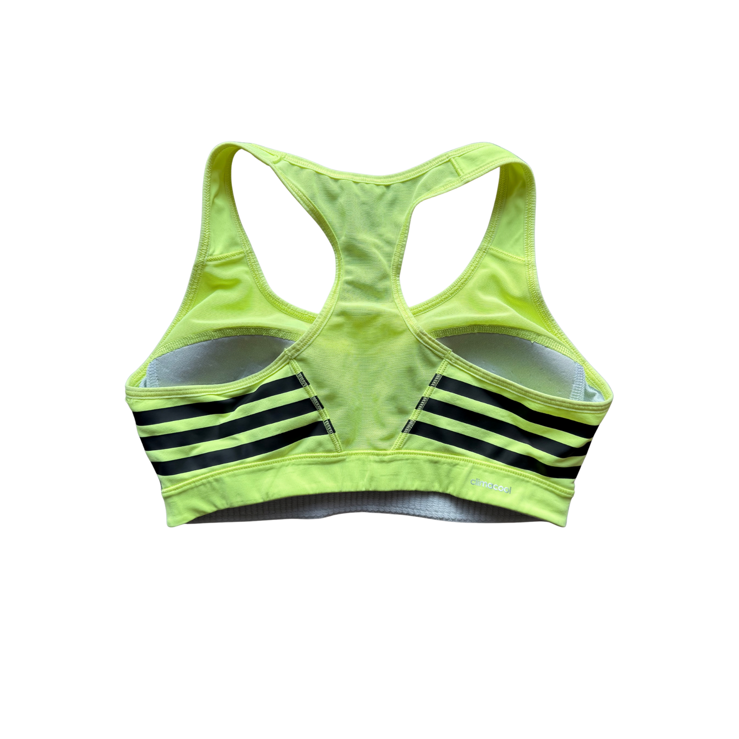 VINTAGE ADIDAS NEON GREEN-YELLOW SPORTS BRA WITH BLACK STRIPES