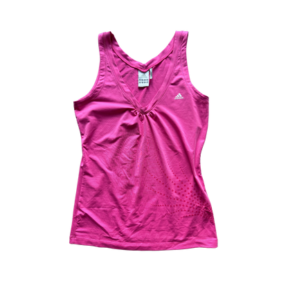 VINTAGE ADIDAS PINK V-NECK TOP WITH SIDE PRINT DETAIL