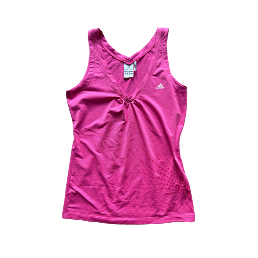 VINTAGE ADIDAS PINK V-NECK TOP WITH SIDE PRINT DETAIL