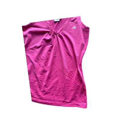 VINTAGE ADIDAS PINK V-NECK TOP WITH SIDE PRINT DETAIL