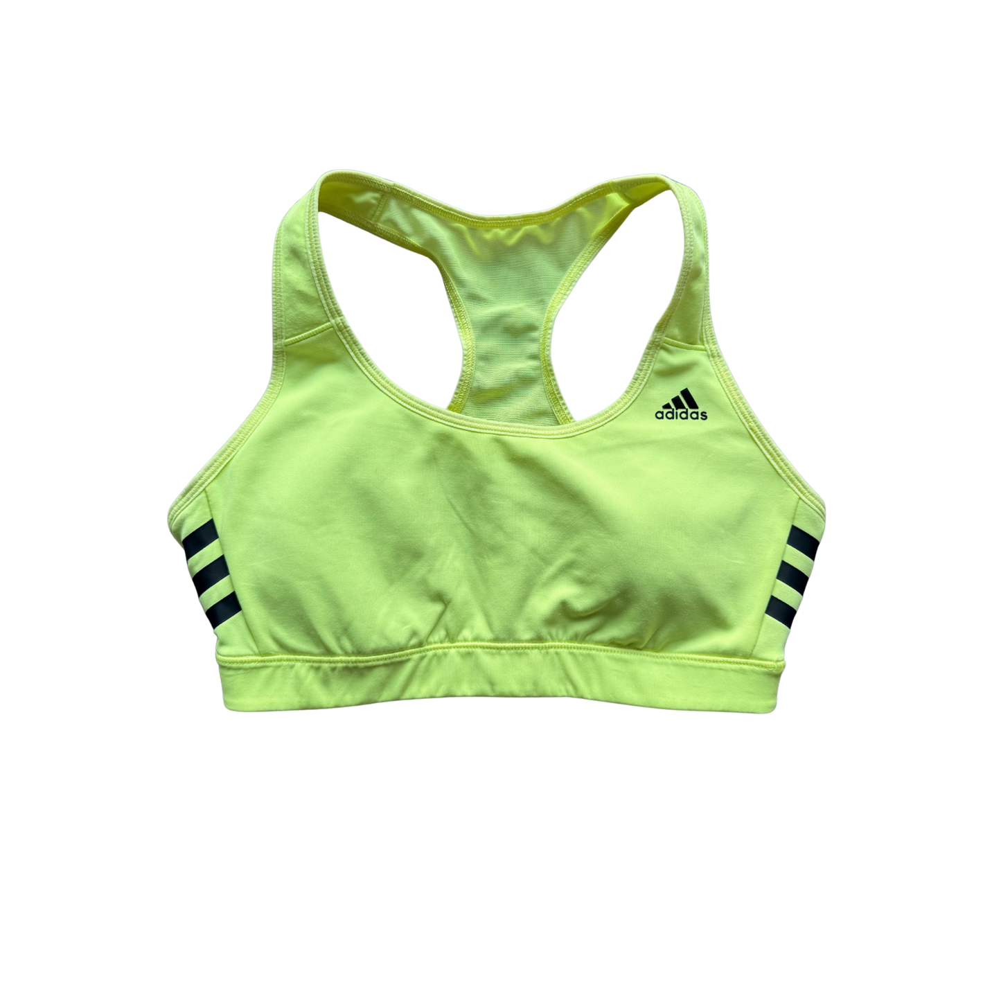 VINTAGE ADIDAS NEON GREEN-YELLOW SPORTS BRA WITH BLACK STRIPES